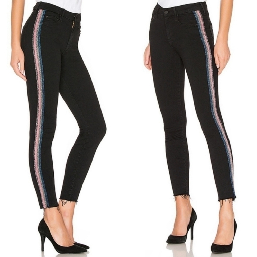 MOTHER High Waisted Looker Ankle Fray Glitter Black Size 28